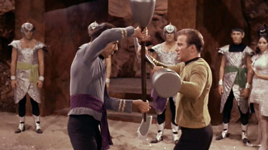 Kirk and Spock battle in the episode "Amok Time"