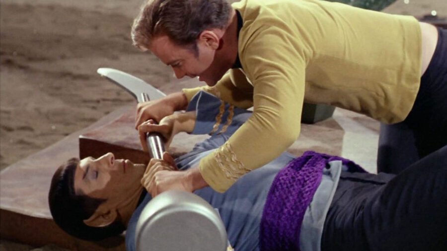 Kirk and Spock battle in the episode "Amok Time"