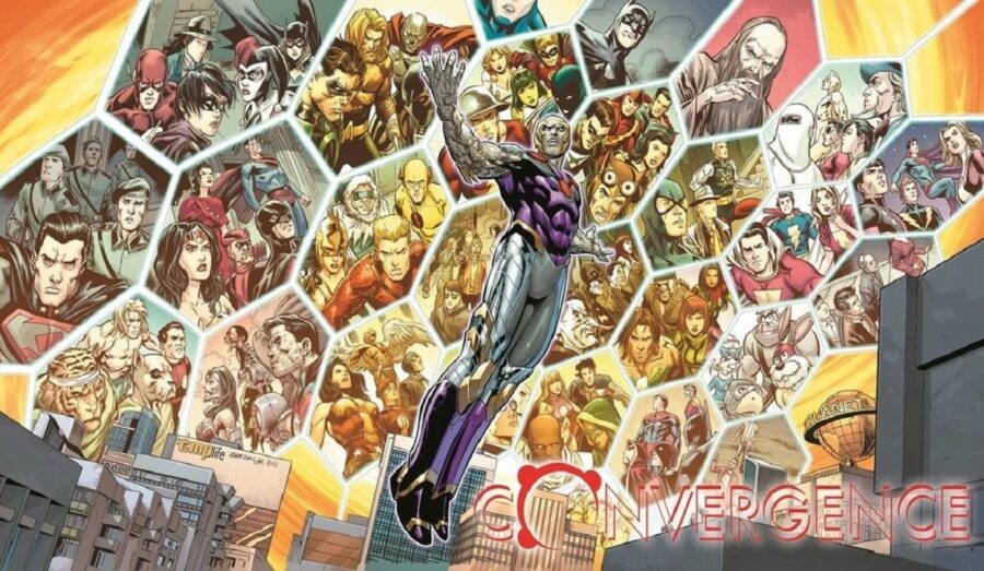 Panel from Convergence showing Telos and other heroes.