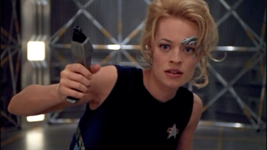 Seven of Nine (Jeri Ryan) playing Velocity on Star Trek: Voyager