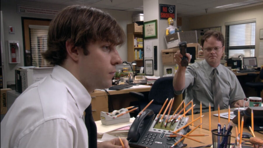 Jim and Dwight prank each other on The Office
