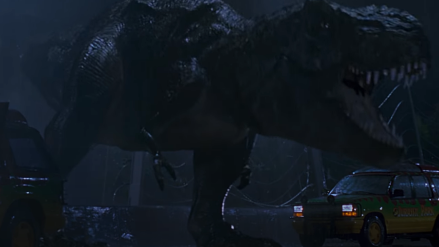 The T-Rex escapes in Jurassic Park