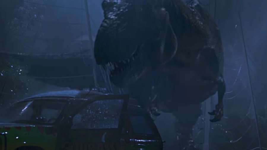 The T-Rex escapes in Jurassic Park